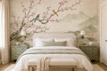Beige Birds On Flowering Branches Before Mountains Chinoiserie Wallpaper Mural