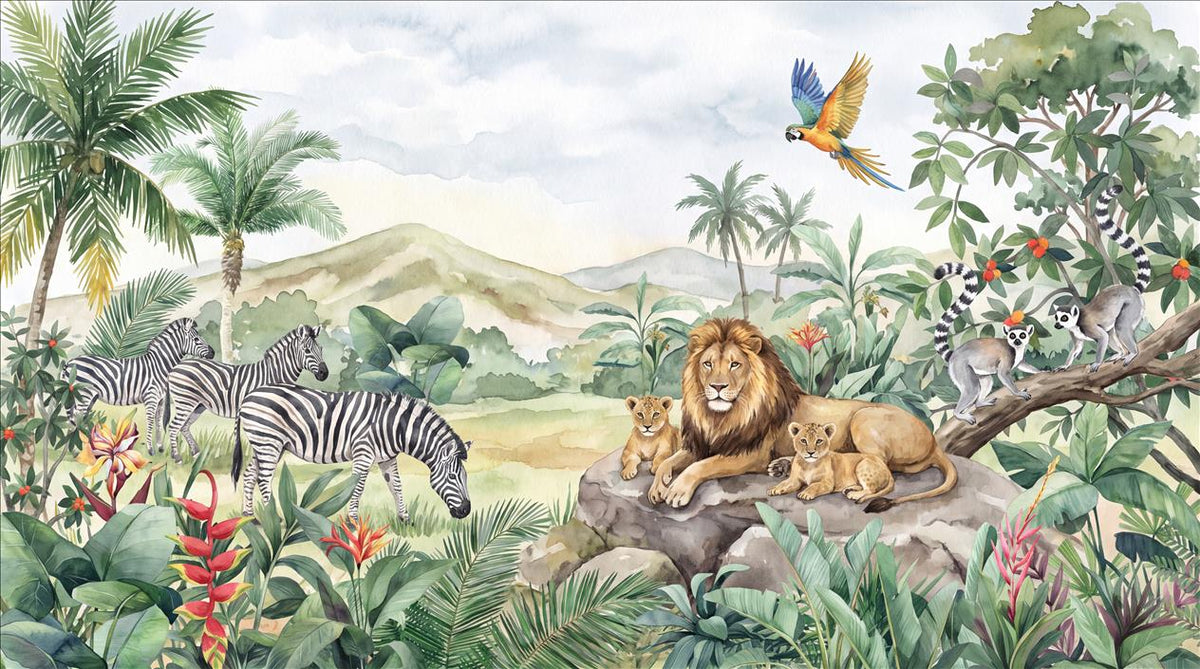 Green Zebras & Lions Safari Wallpaper Mural