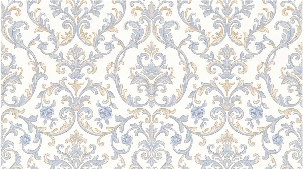 Blue Ornate Scrolls Damask Wallpaper Mural