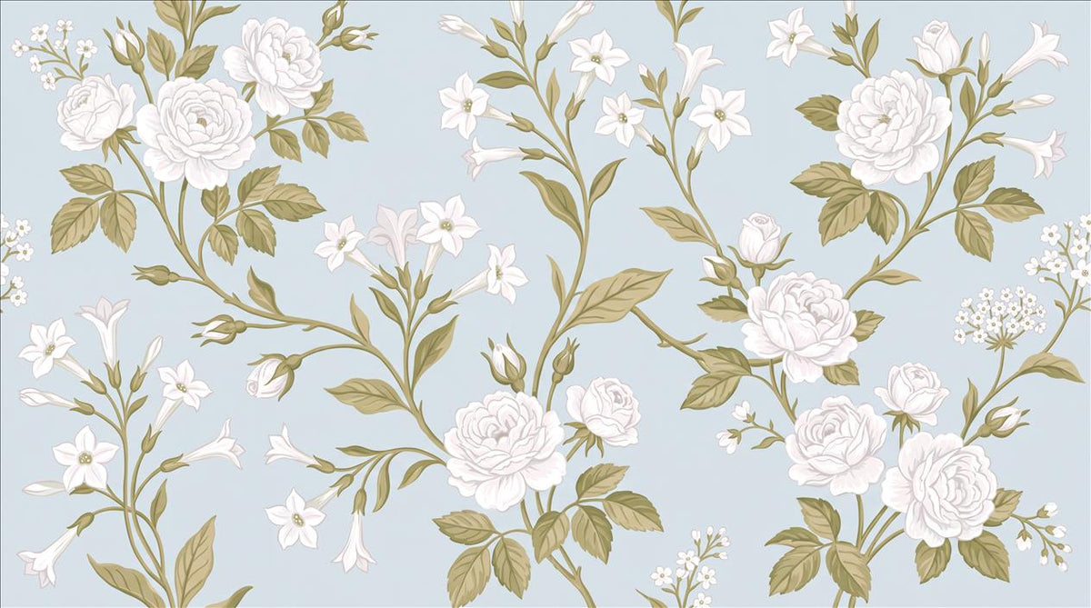 Blue White Roses Floral Wallpaper Mural