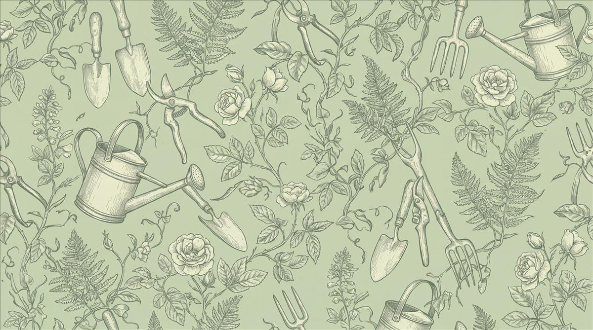 Sage Green Watering Cans Garden Wallpaper Mural