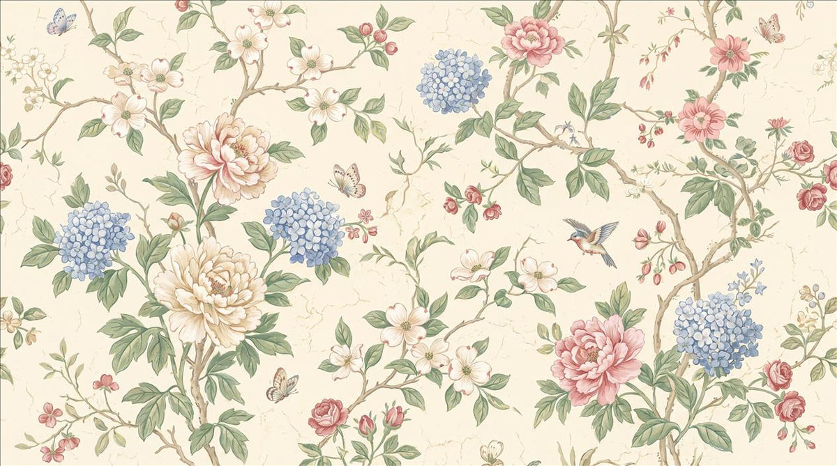 Cream Blue Flower Sprays Garden Wallpaper Mural
