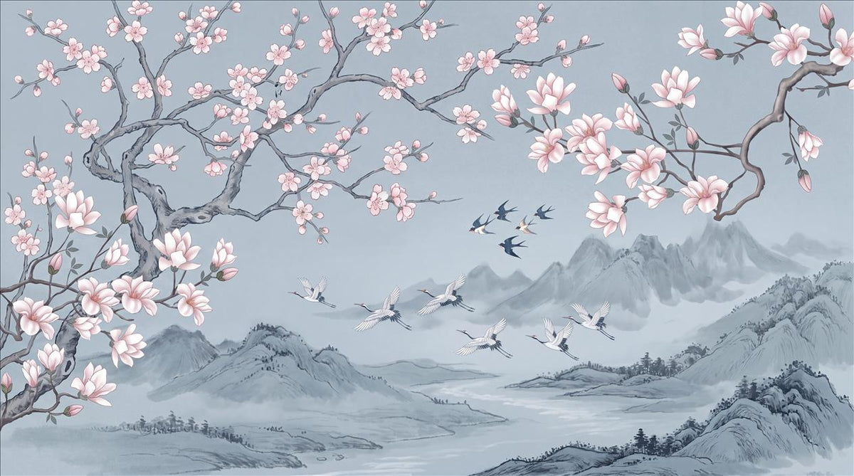 Blue Pink Blossom Branches Chinoiserie Wallpaper Mural