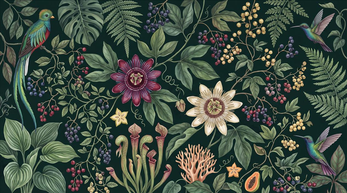 Dark Flowers & Birds Jungle Wallpaper Mural