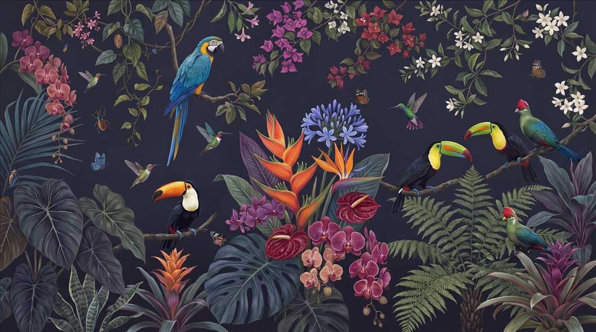 Navy Colourful Birds Jungle Wallpaper Mural