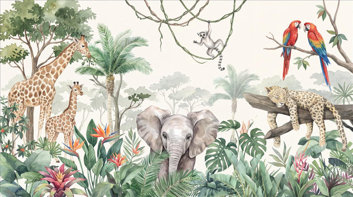 Green Giraffe & Elephant Safari Wallpaper Mural