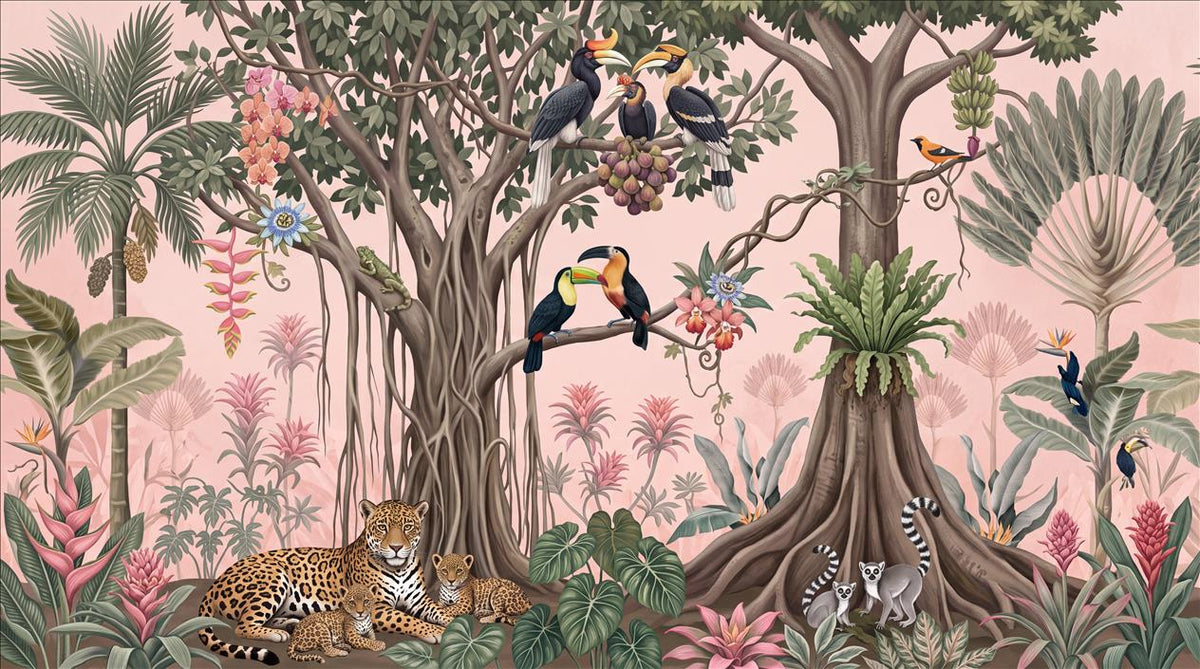 Pink Tropical Birds Jungle Wallpaper Mural