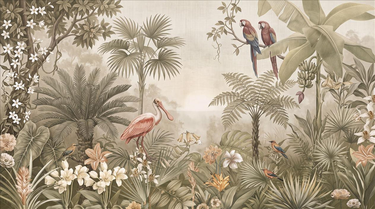 Sage Green Birds & Palms Tropical Wallpaper Mural