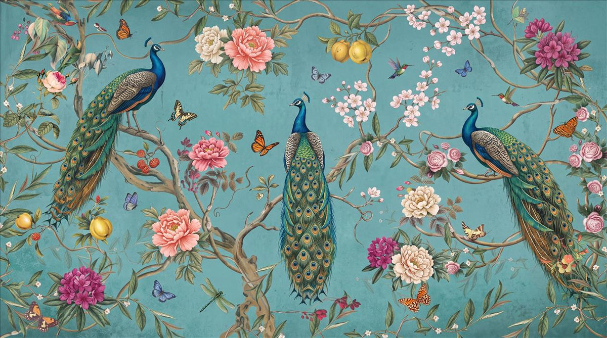 Teal Flowering Branches Peacock Wallpaper Mural