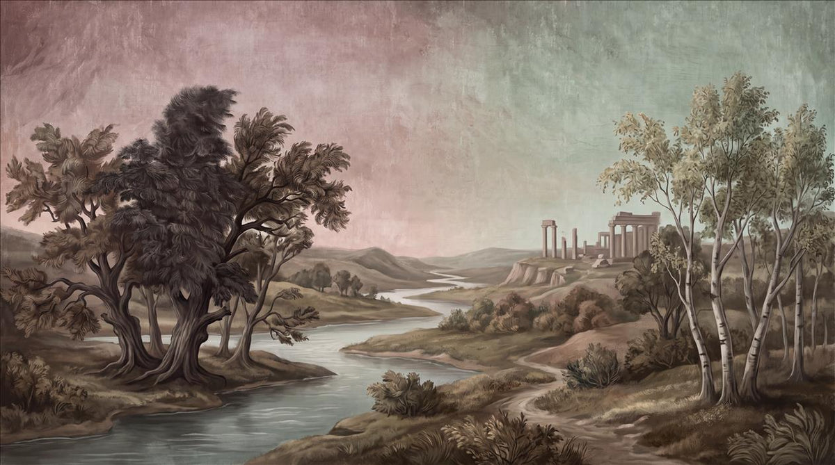Taupe Winding River Landscape Wallpaper Mural