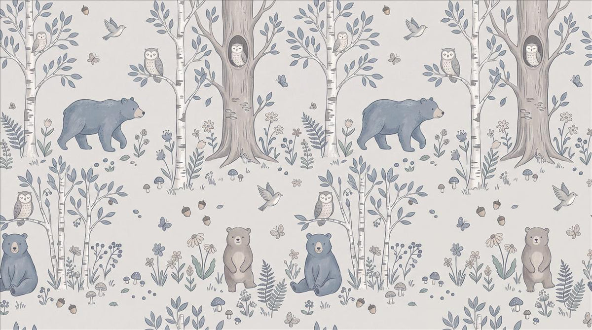 Blue Bears & Owls Woodland Wallpaper Mural
