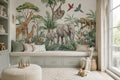 Green Giraffe, Elephant & Flying Birds Safari Wallpaper Mural