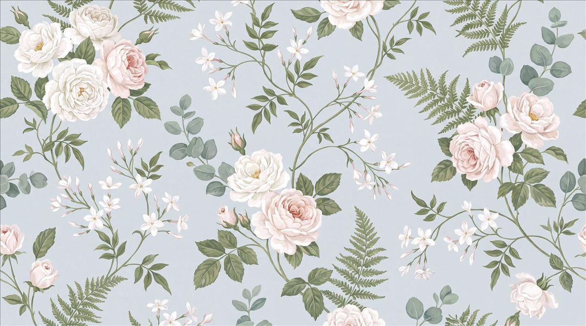 Blue White & Blush Roses Wallpaper Mural