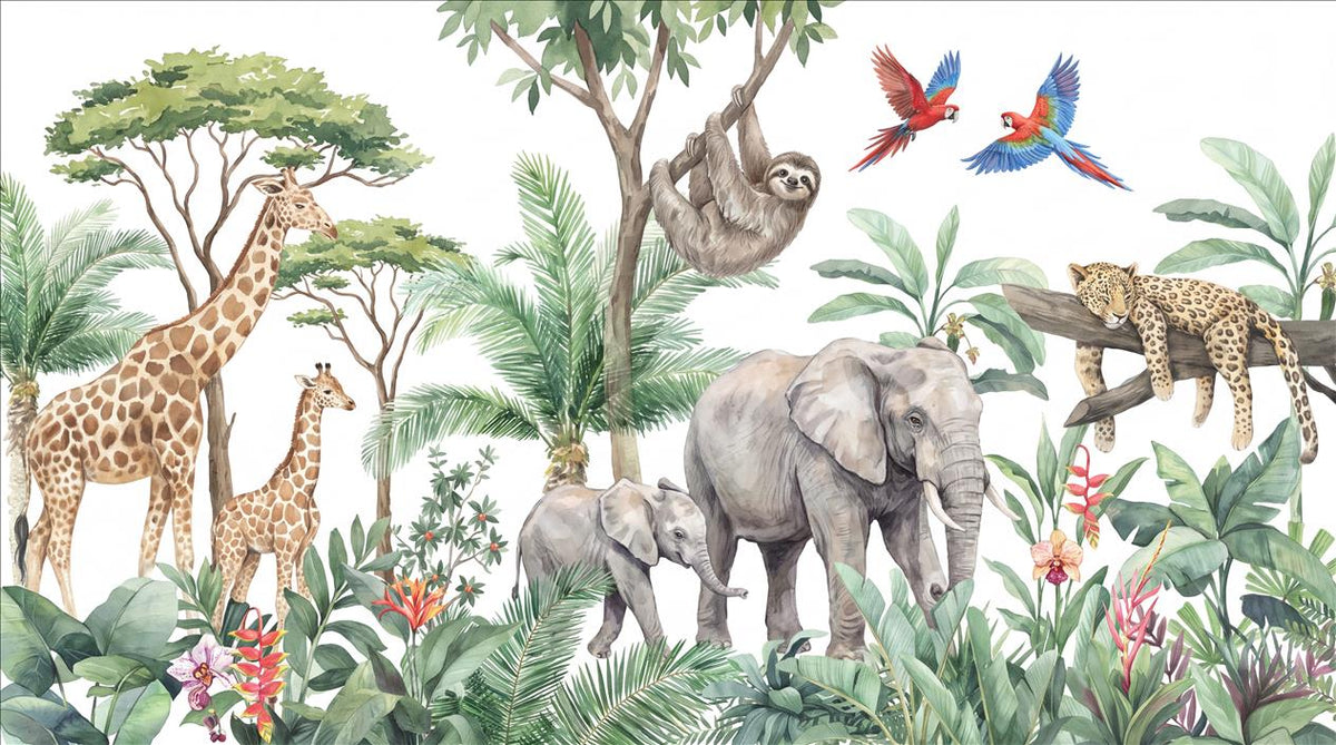 Green Giraffe, Elephant & Flying Birds Safari Wallpaper Mural