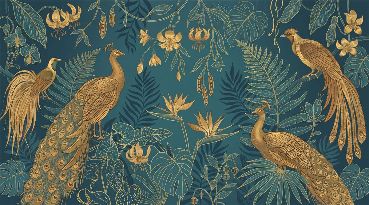 Teal Gold Peacocks Wallpaper Mural