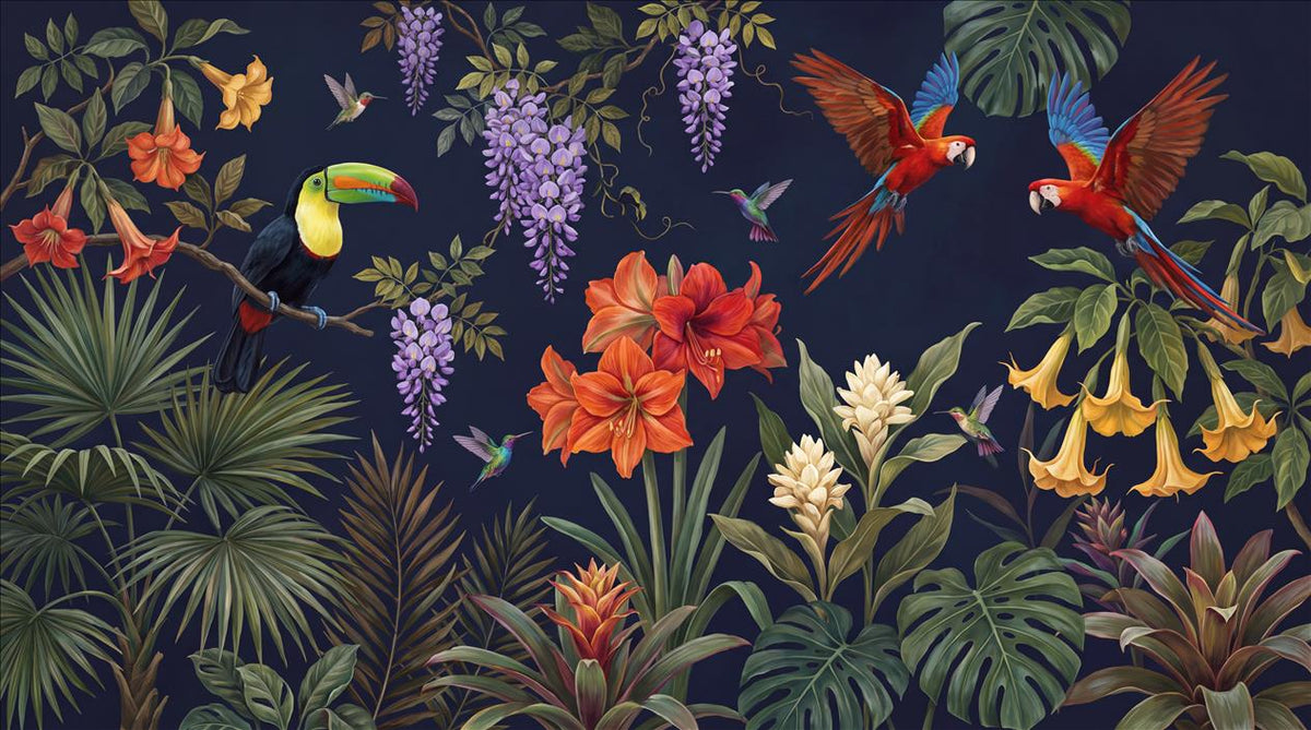 Navy Bright Tropical Birds Jungle Wallpaper Mural