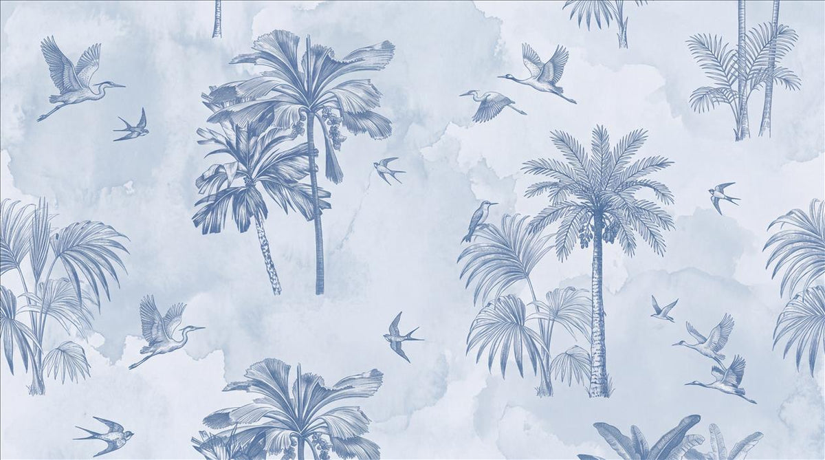 Blue Palm Silhouettes Tropical Wallpaper Mural
