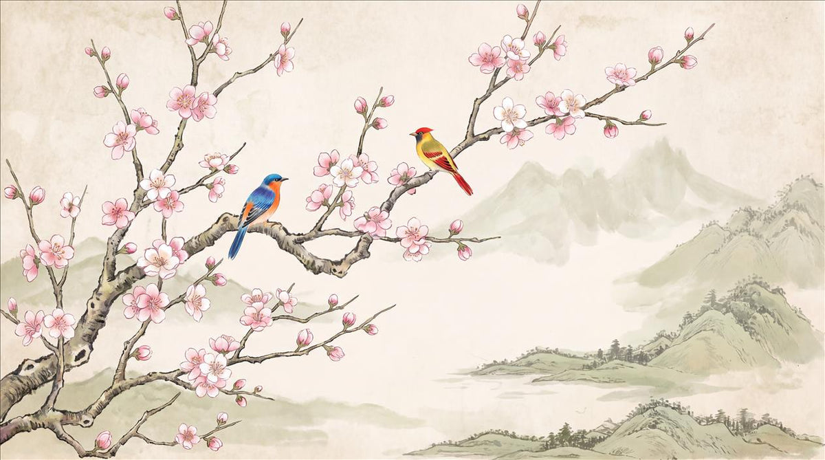 Beige Birds On Flowering Branches Before Mountains Chinoiserie Wallpaper Mural