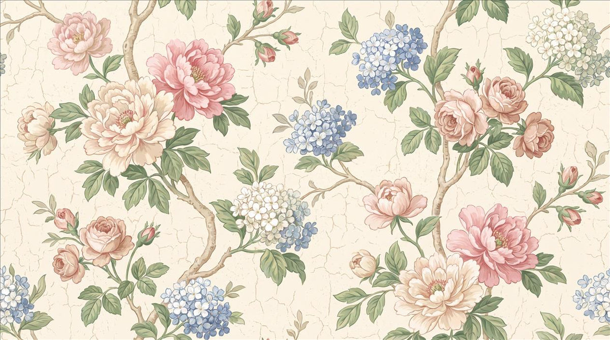 Cream Blue Blossoms Garden Wallpaper Mural