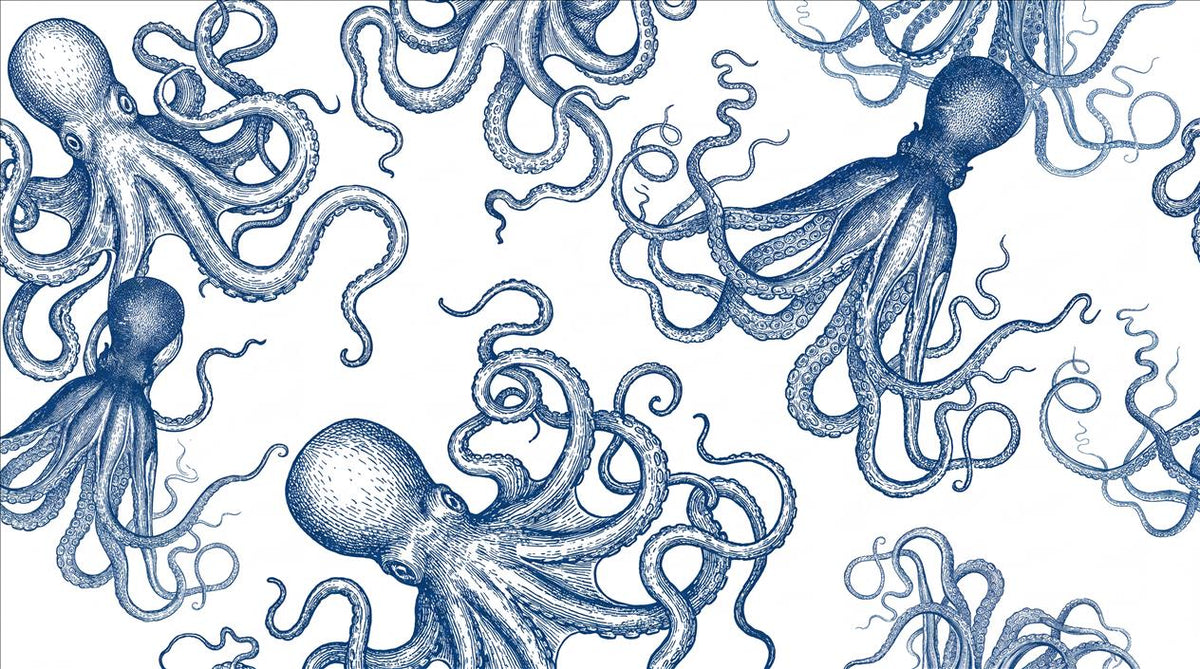 Blue Line Drawn Octopuses For Underwater Wallpaper Mural