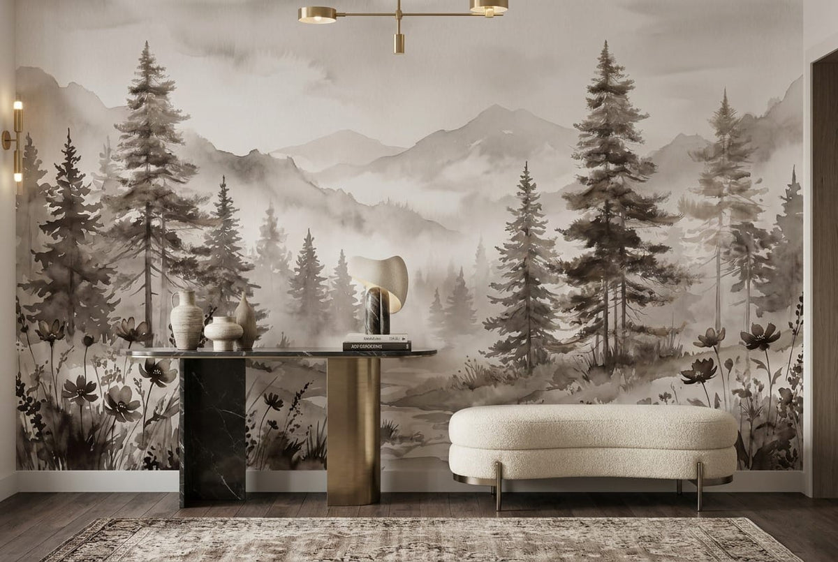 Misty Brown Watercolor Nordic Pine Tree Wallpaper Mural in custom