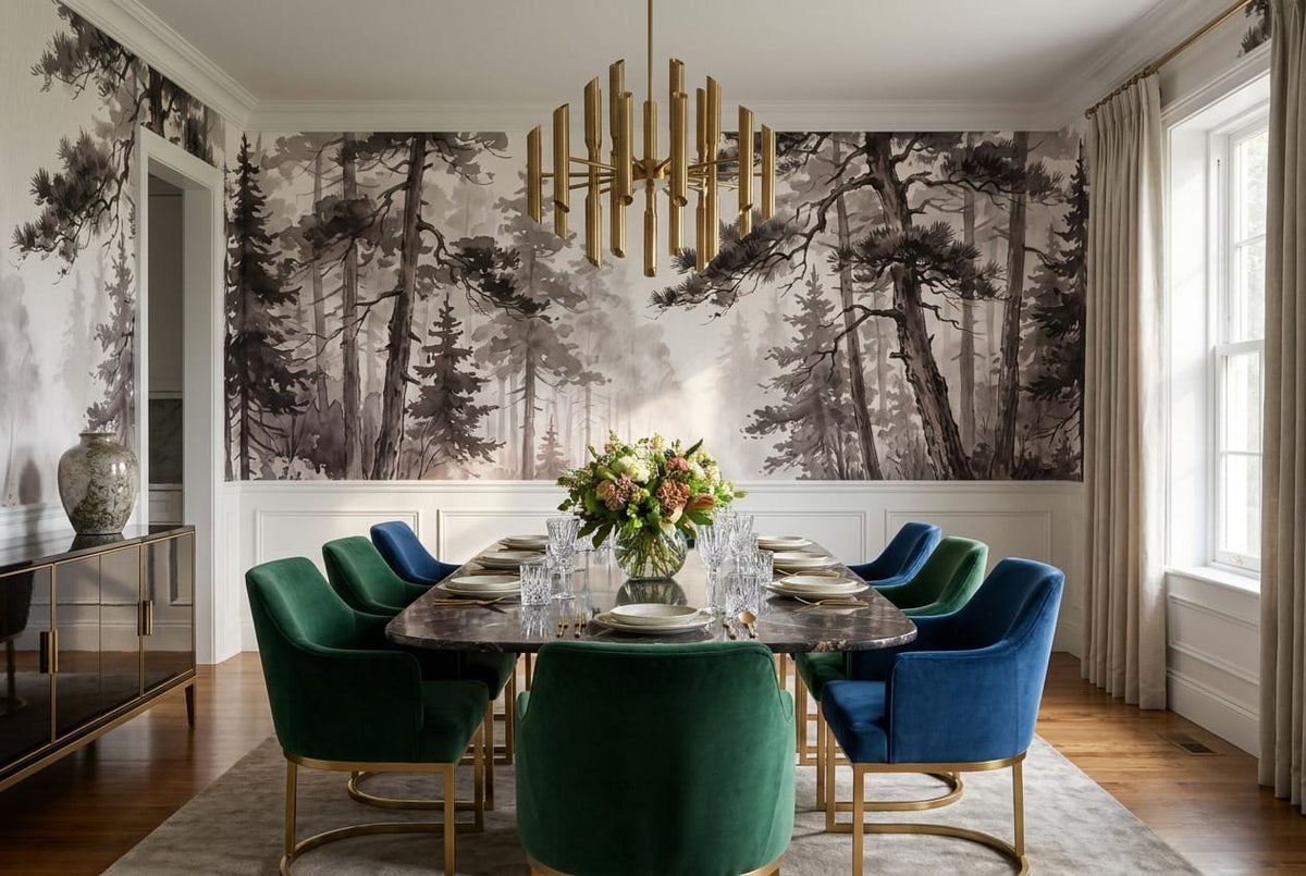 Warm Brown Ink Wash Japanese Pine Tree Wallpaper Mural in custom