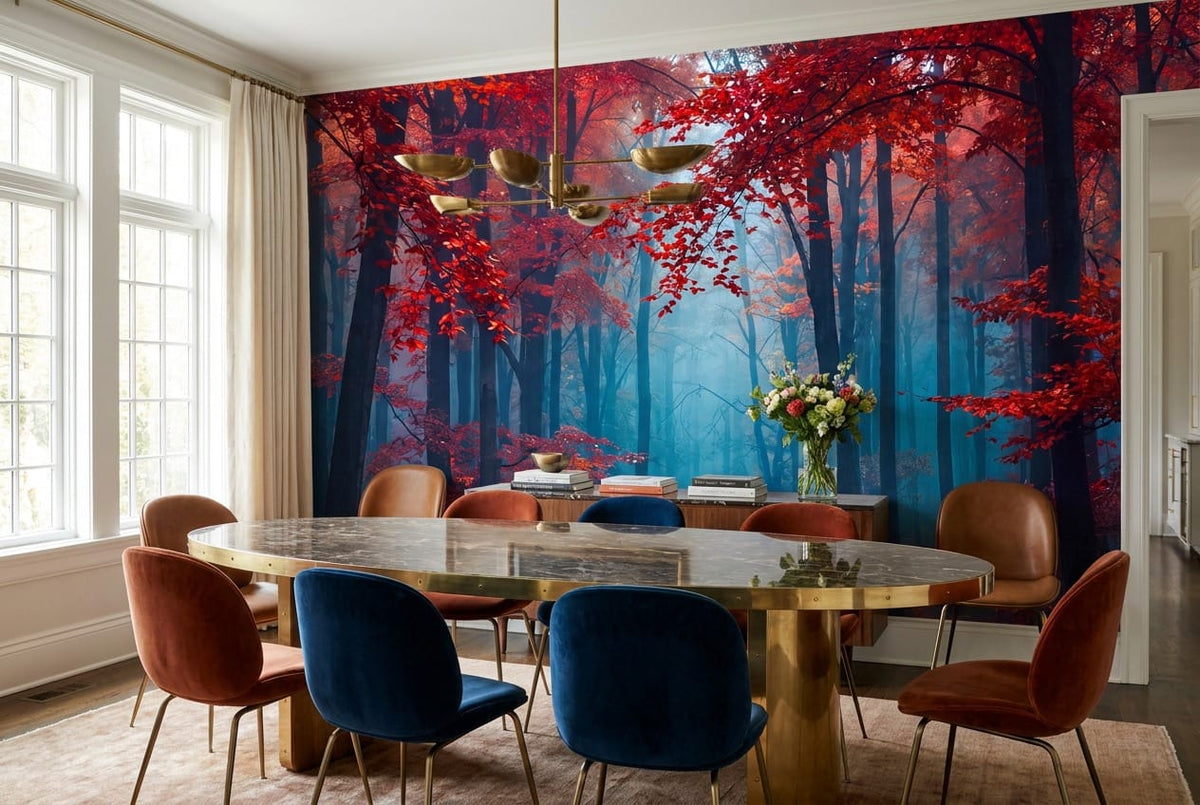 Crimson Blue Mist Autumn Forest Wallpaper Mural in custom