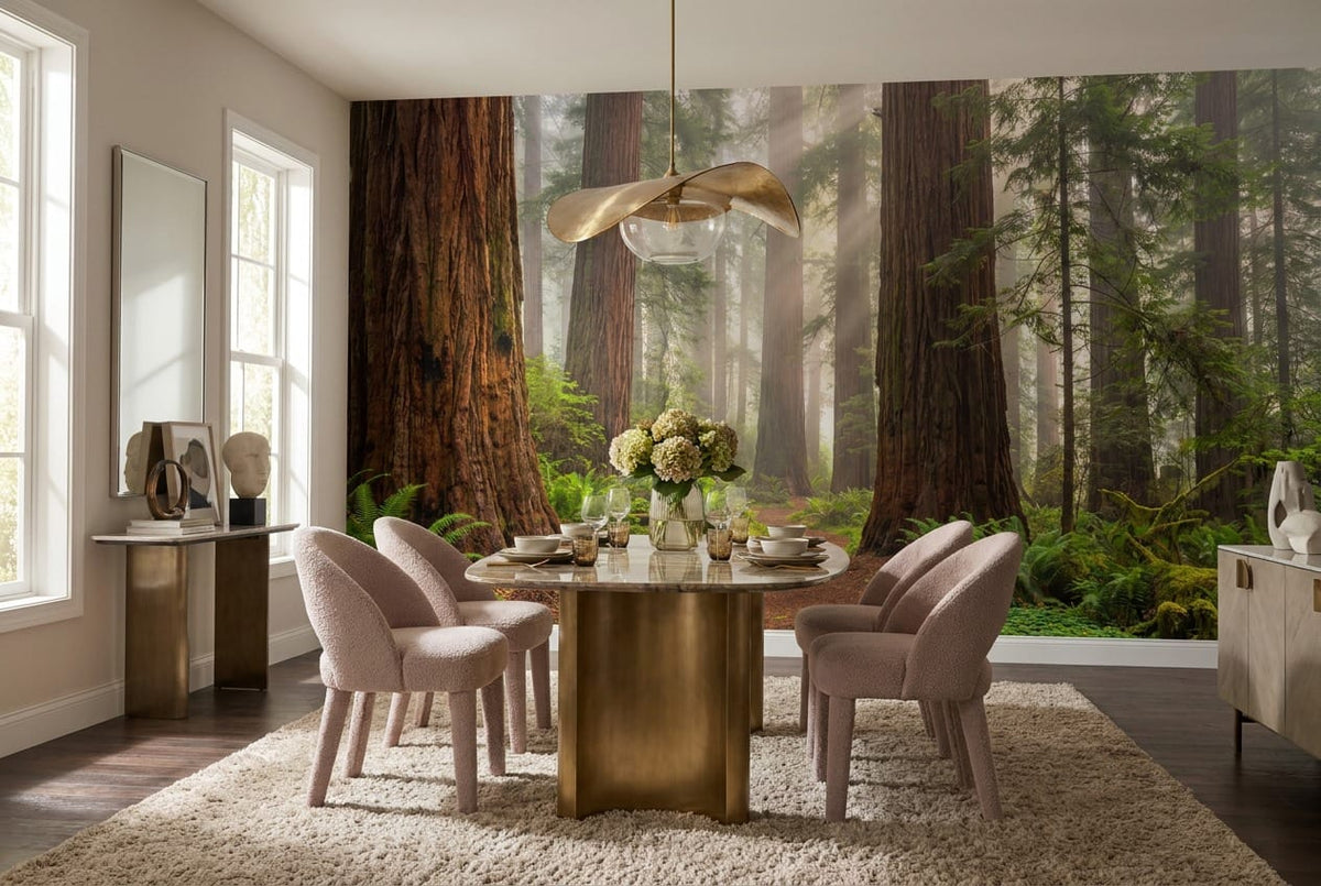 Misty Sunbeam Redwood Forest Path Wallpaper Mural in custom