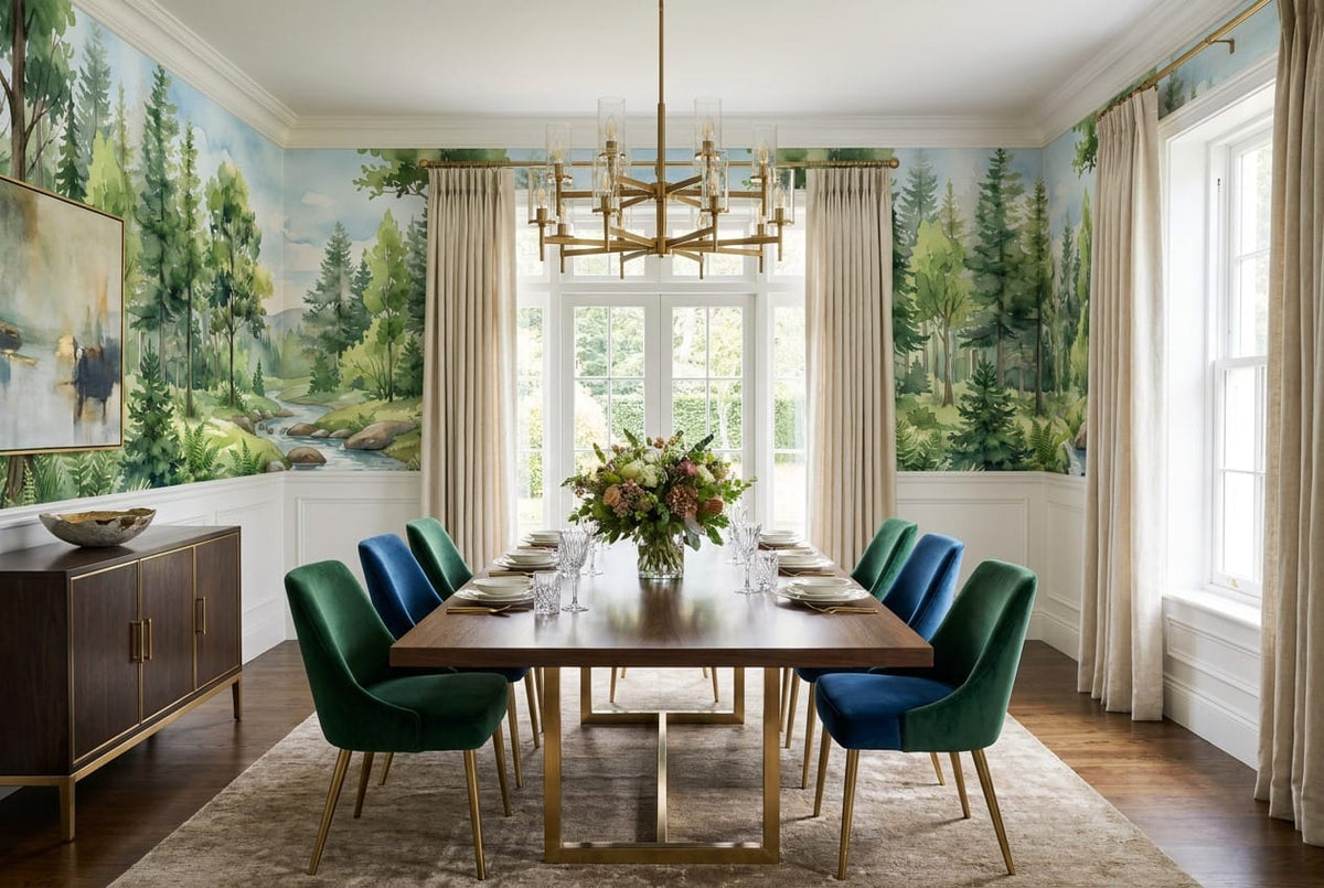 Fresh Green Watercolor Nordic Forest Green Wallpaper Mural scene image