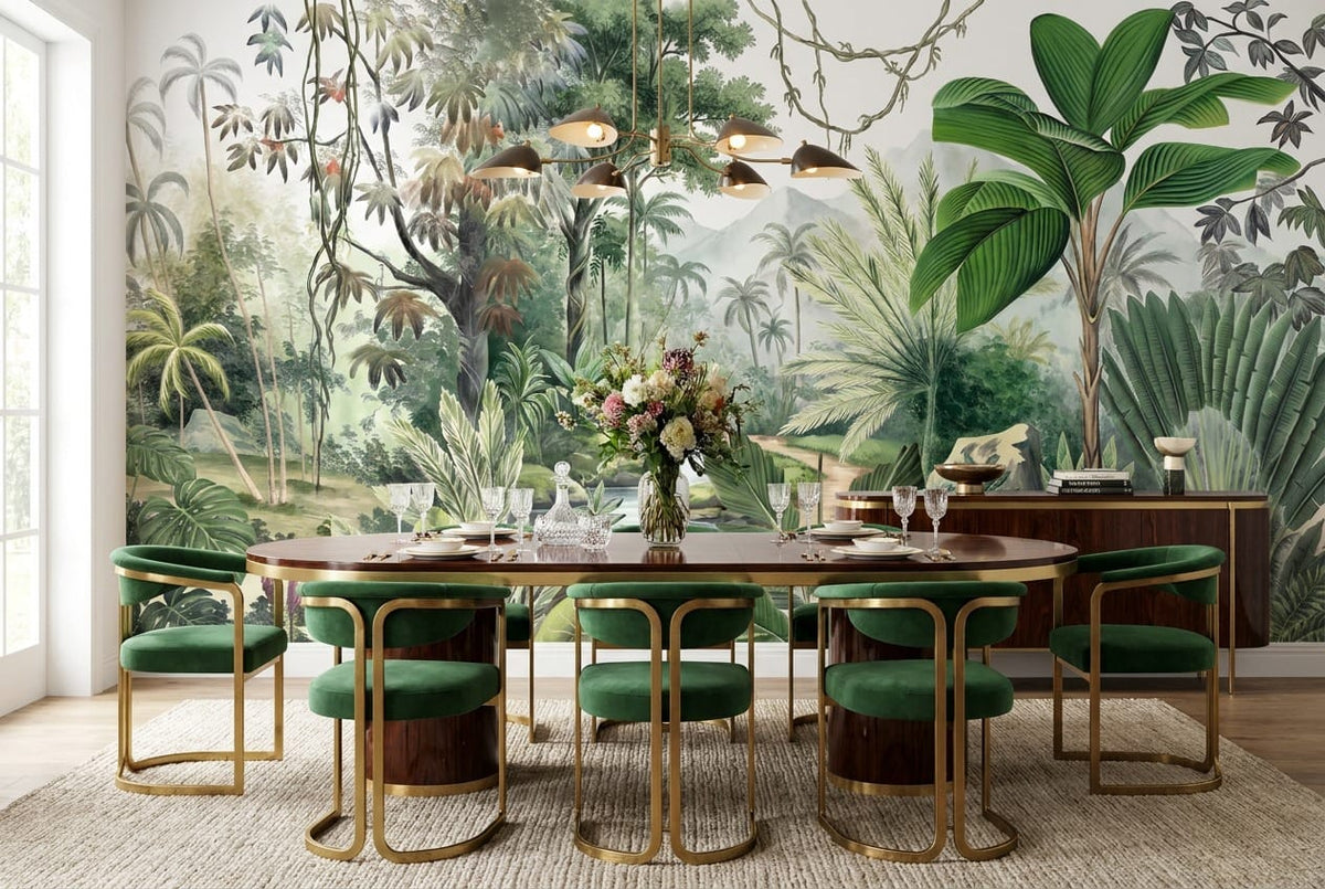 Soft Watercolor Valley Green Jungle Wallpaper Mural in custom