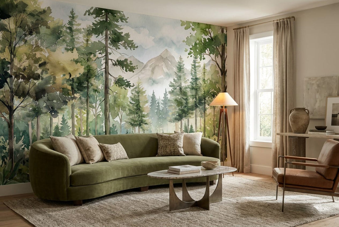 Forest Green Watercolor Alpine Forest Green Wallpaper Mural scene image