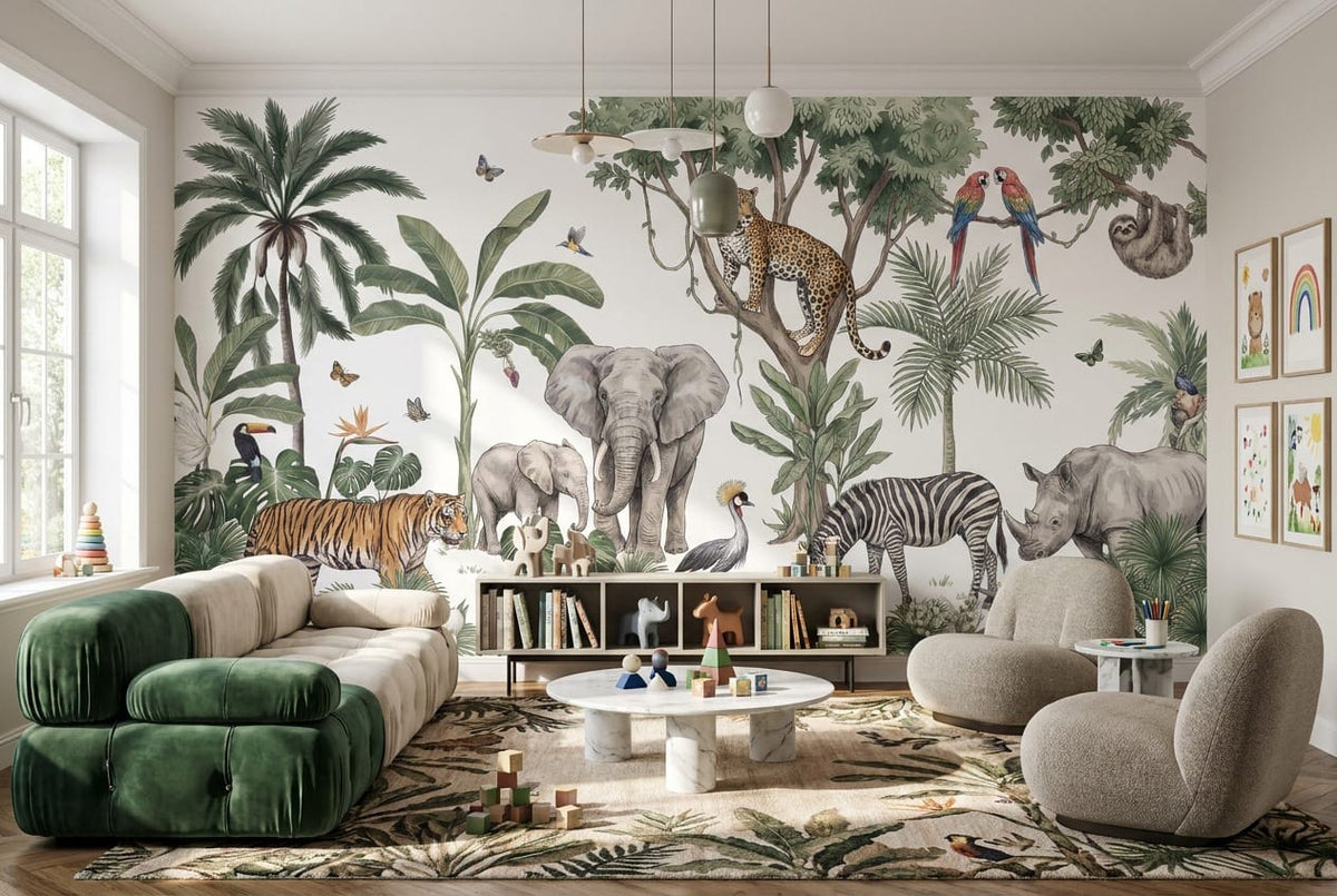 White Safari Animal Jungle Wallpaper Mural in custom