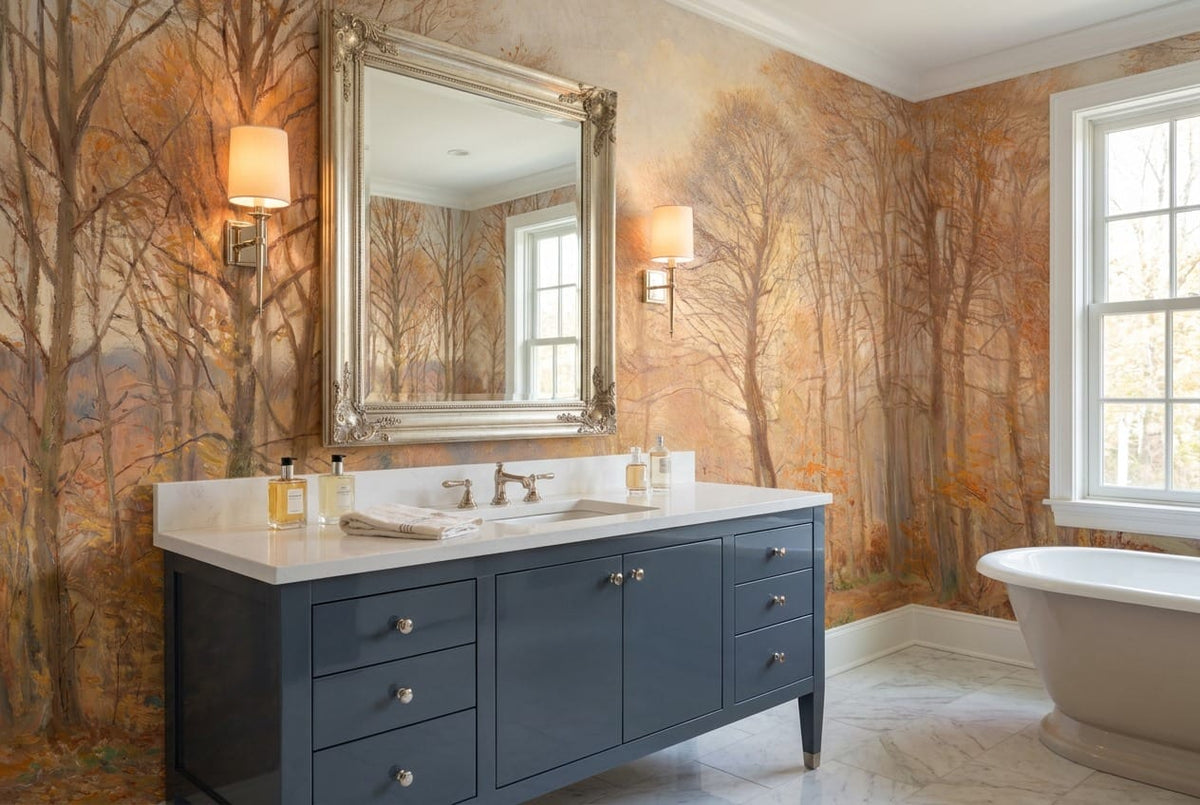 Soft Golden Painted Autumn Forest Path Wallpaper Mural in custom