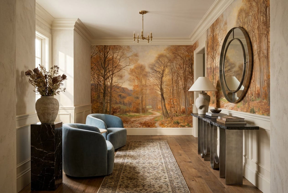 Soft Golden Painted Autumn Forest Path Wallpaper Mural in custom