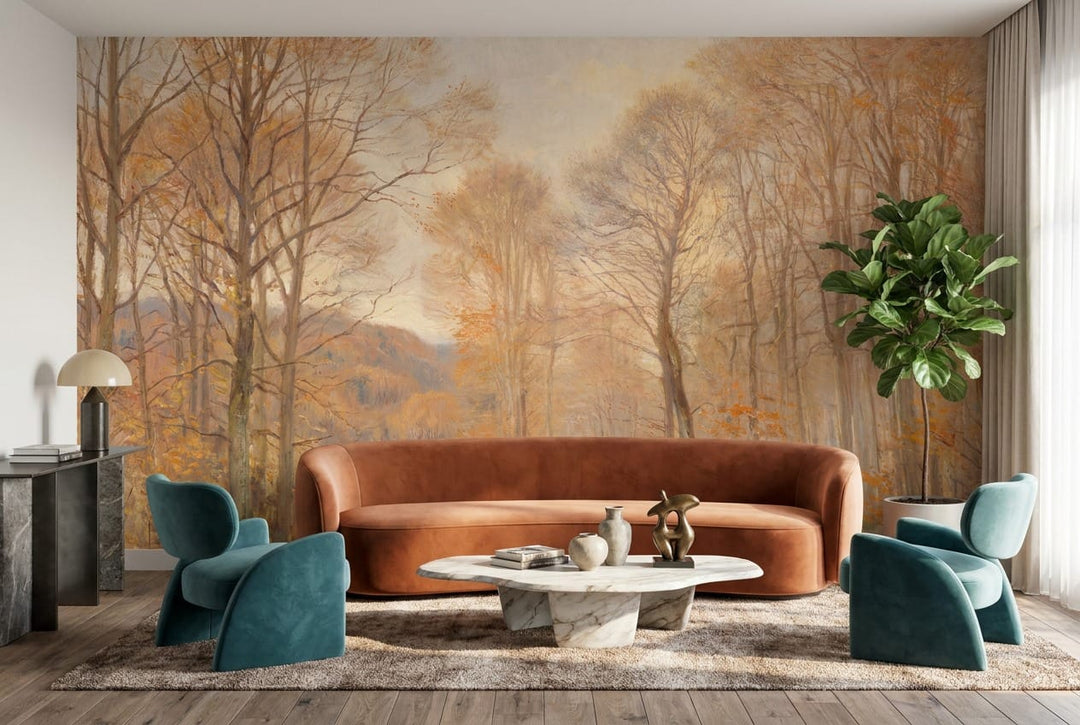 Soft Golden Painted Autumn Forest Path Wallpaper Mural in custom