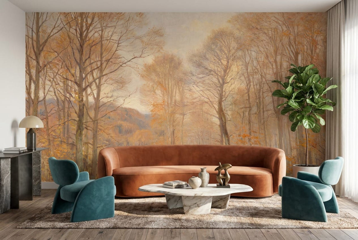Soft Golden Painted Autumn Forest Path Wallpaper Mural in custom