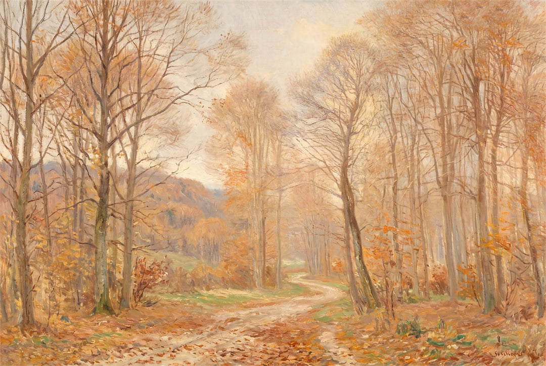 Soft Golden Painted Autumn Forest Path Wallpaper Mural in custom
