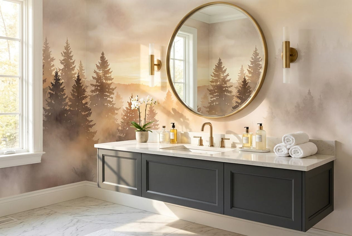 Golden Brown Watercolor Nordic Misty Forest Wallpaper Mural scene image
