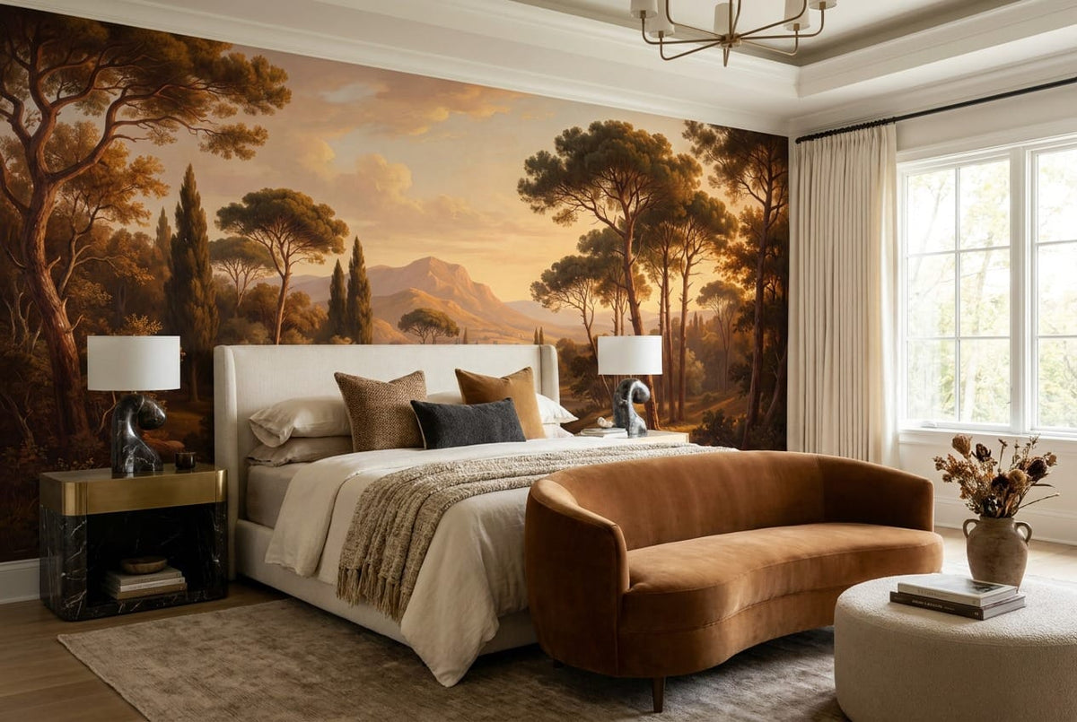 Golden Brown Oil Painting Mediterranean Pine Tree Wallpaper Mural in custom