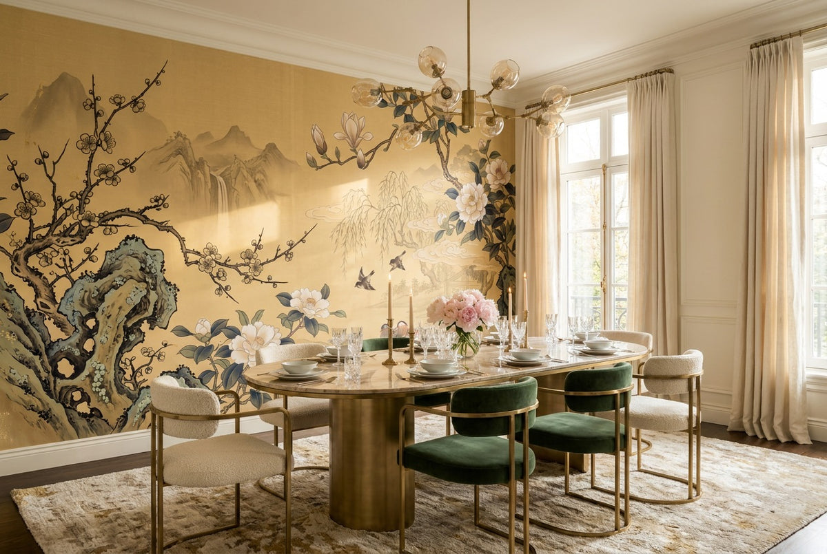 custom gold scenic flowers dining removable non woven vinyl stick on wallpaper mural