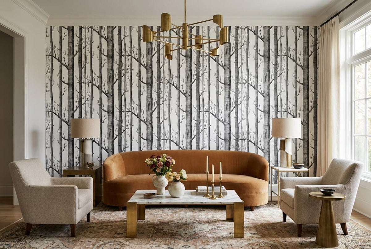 Light Gray Minimalist Nordic Birch Forest Wallpaper Mural in custom