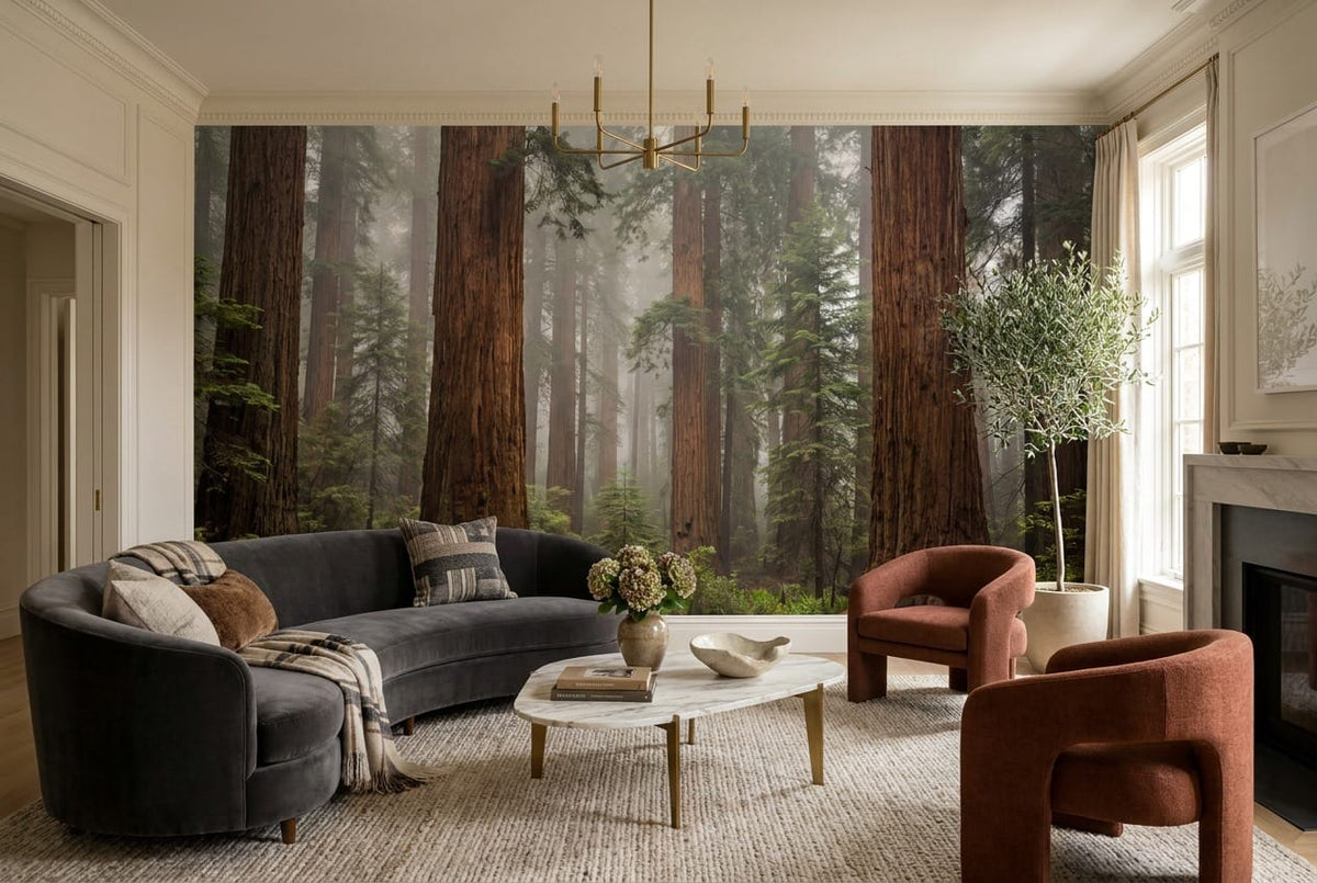 Painterly Mist Redwood Woodland Wallpaper Mural in custom
