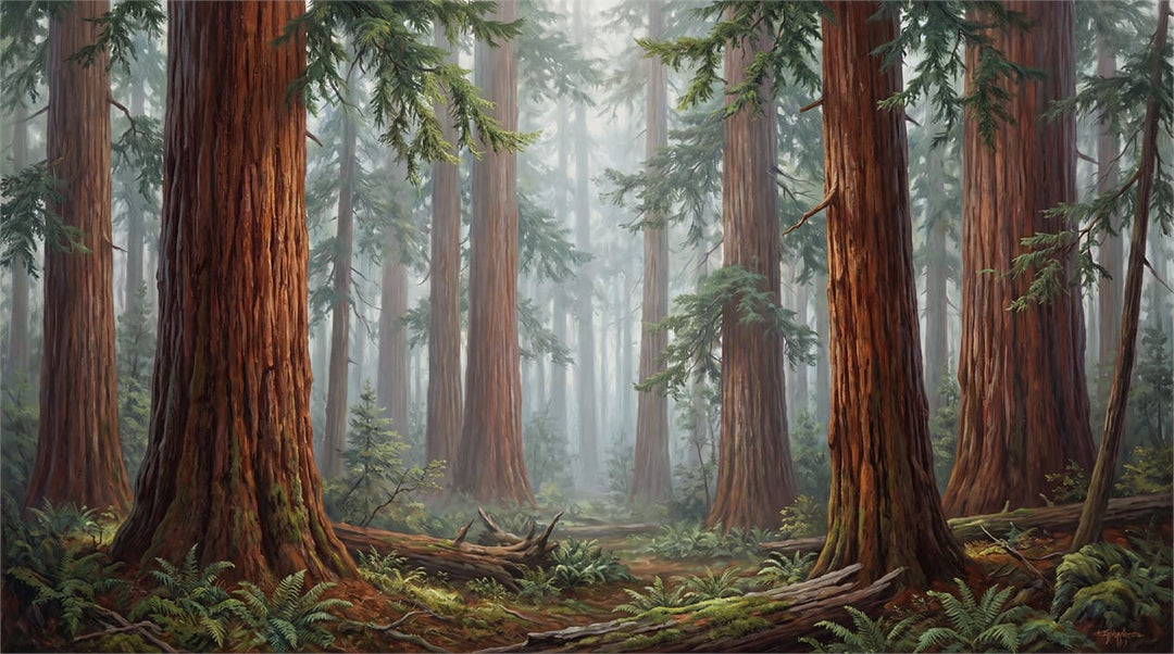 Painterly Mist Redwood Woodland Wallpaper Mural in custom