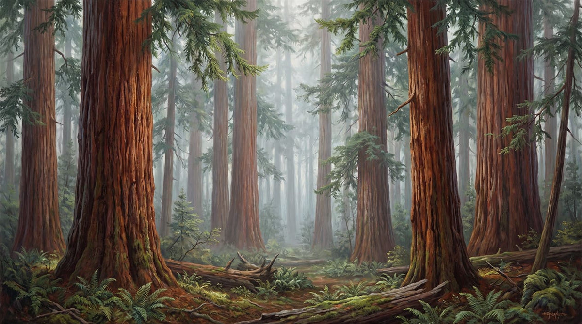 Painterly Mist Redwood Woodland Wallpaper Mural in custom