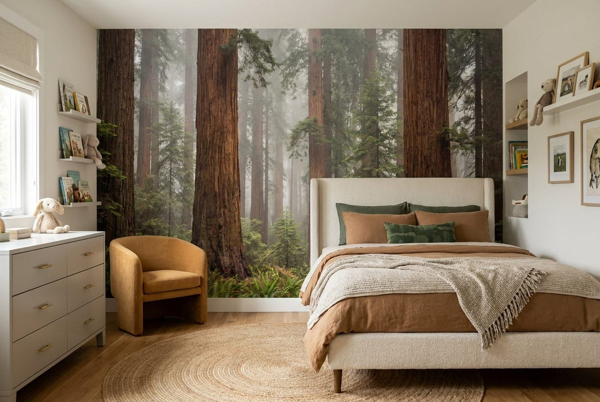 Painterly Mist Redwood Woodland Wallpaper Mural in custom