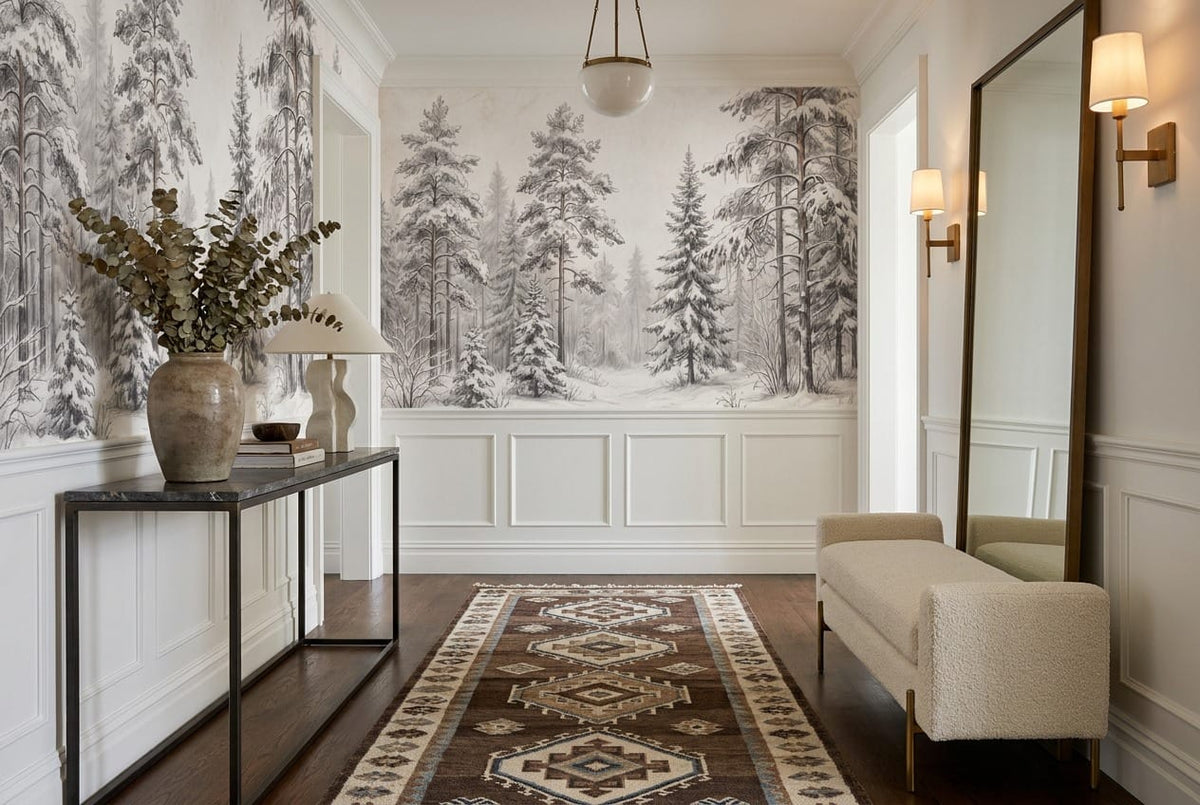 Snowy Gray Pencil Sketch Nordic Pine Tree Wallpaper Mural in custom