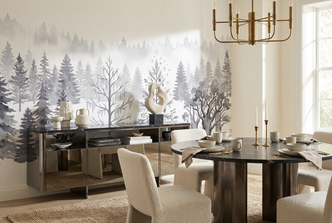 Mysterious Ice Gray Nordic Winter Forest Wallpaper Mural in custom