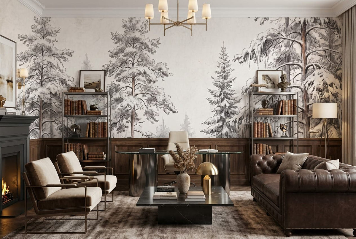Snowy Gray Pencil Sketch Nordic Pine Tree Wallpaper Mural in custom