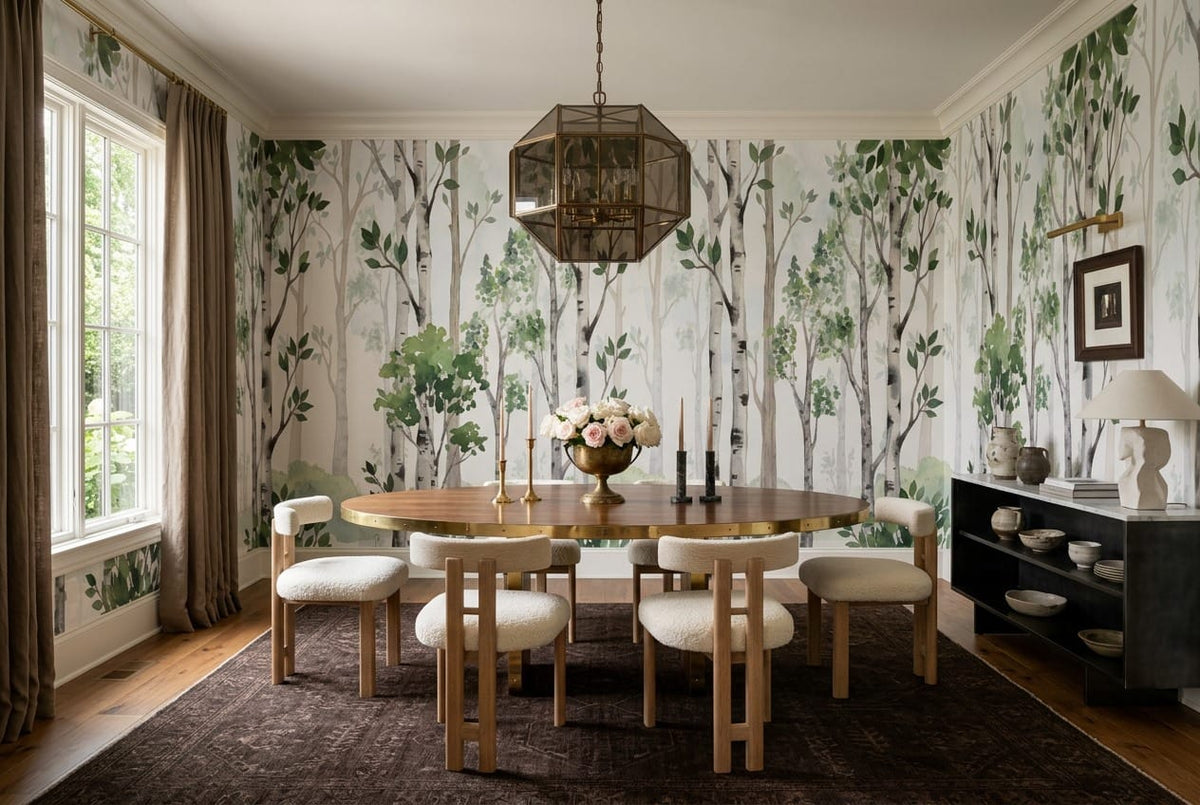Soft Green Scandinavian Birch Forest Wallpaper Mural in custom