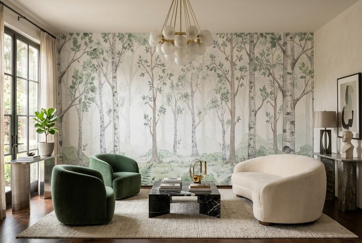 Cream Green Nordic Watercolor Birch Forest Wallpaper Mural in custom